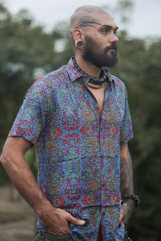 Forest Myth – Bambus-Leichtgewicht-Sommerkleidung Trippy Psychedelisches bedrucktes Hemd