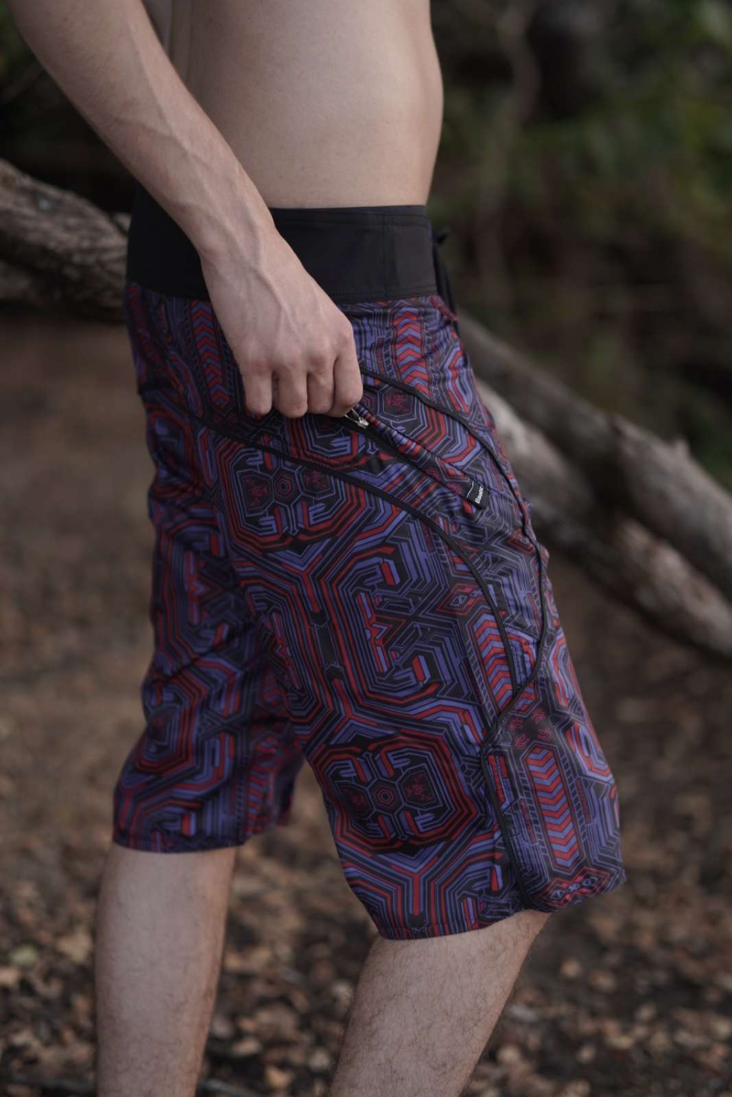 mens swim shorts zipper pocket detail geometric print