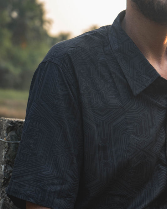 black viscose shirt for men cybernetic geometric print