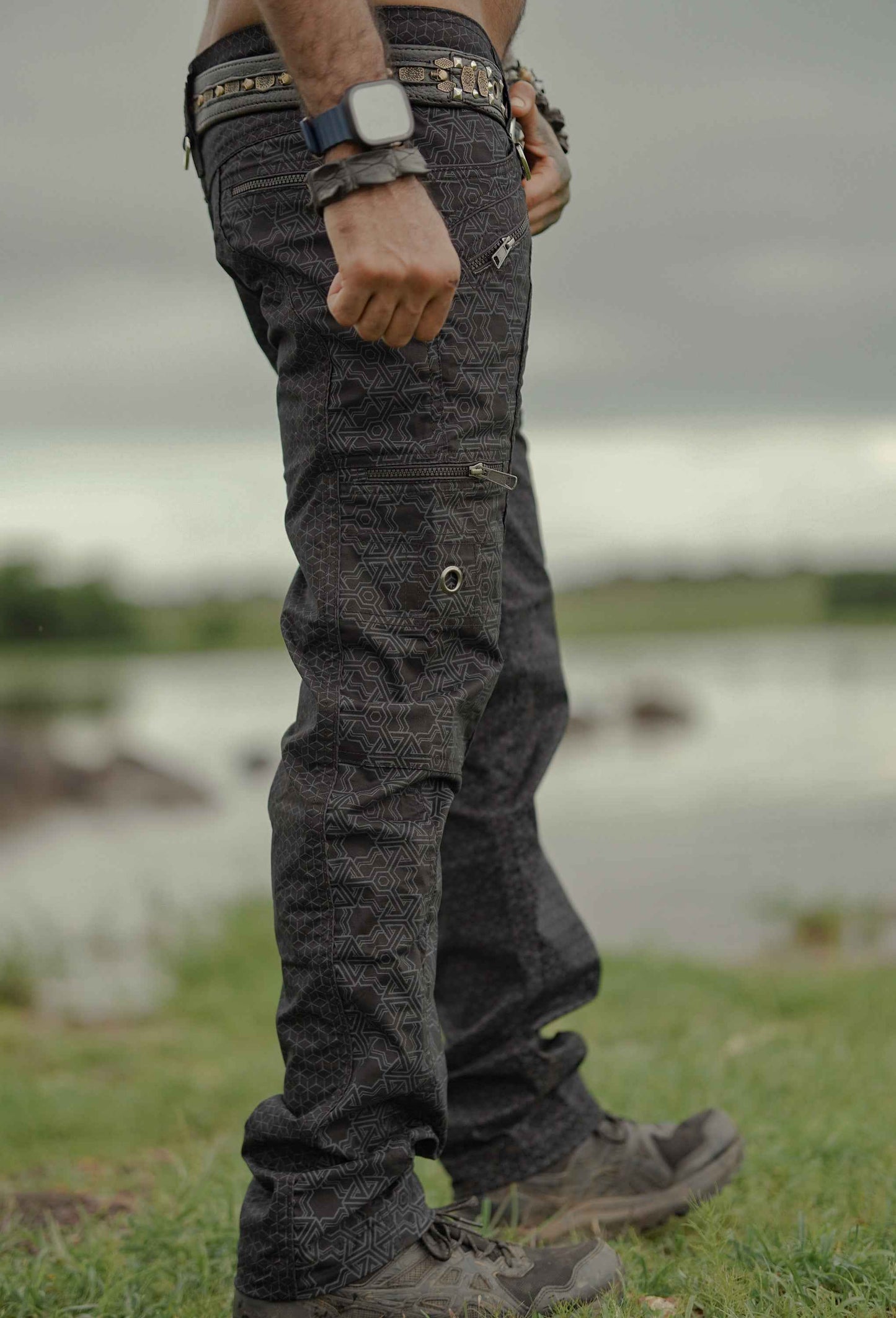 mens psychedelic pants side view relaxed fit cargo style