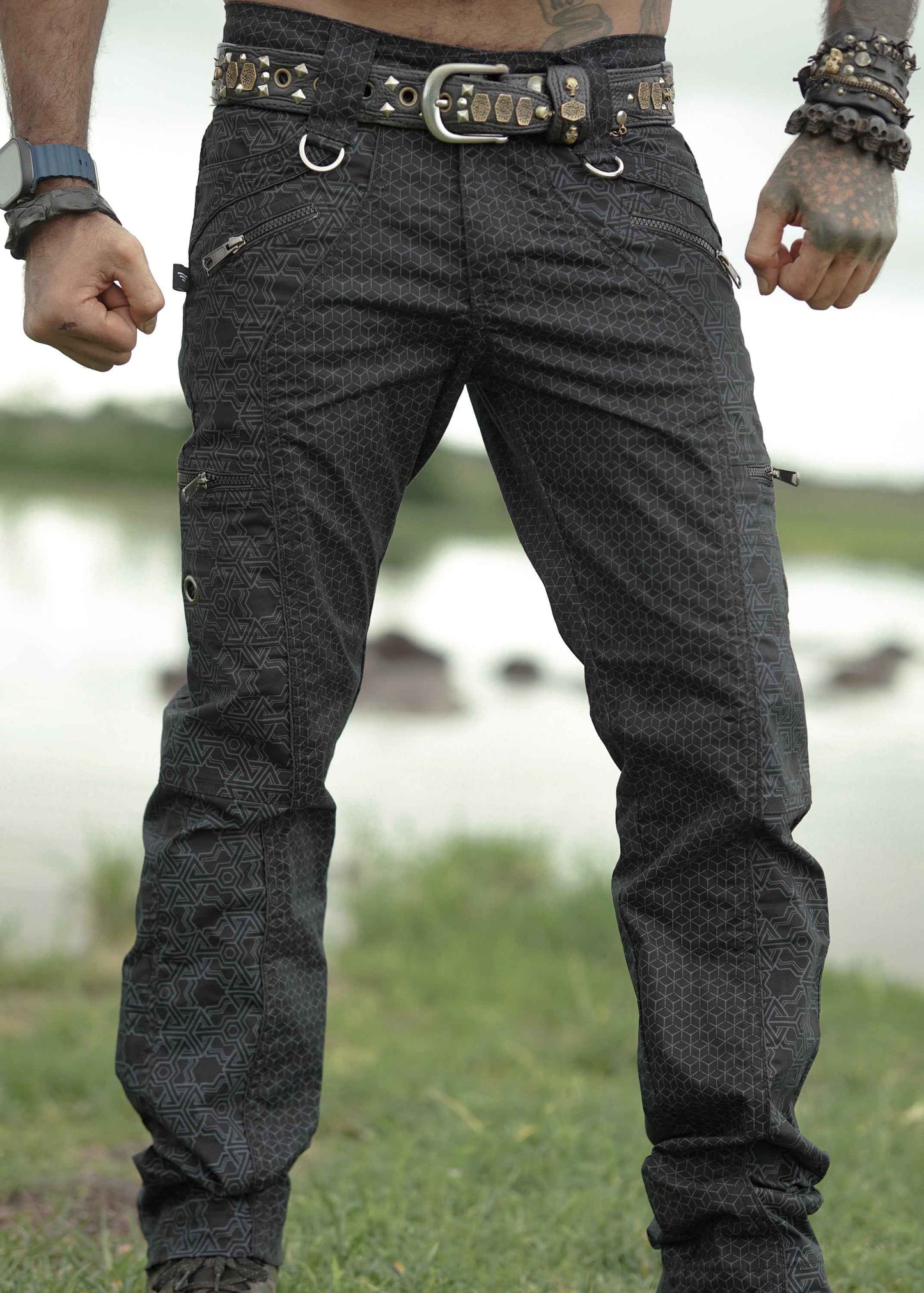 mens psychedelic pants black front view with geometric print