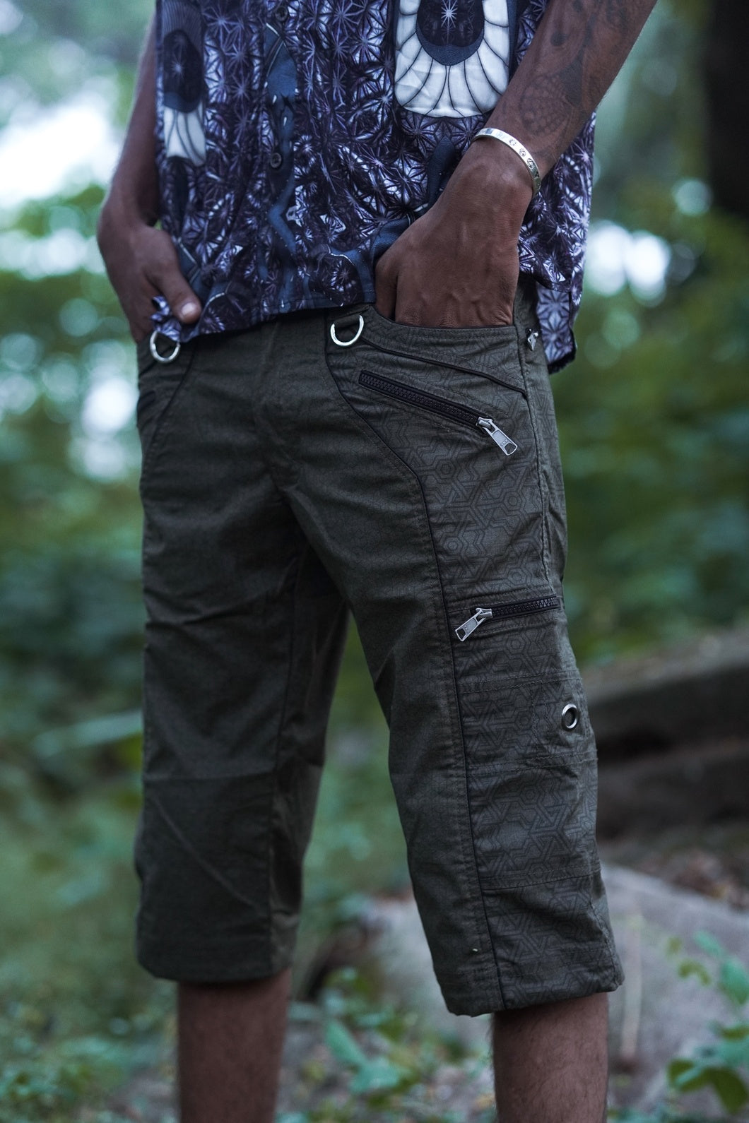 Pythagoras Abstract – Grüne NY Herren-Cargoshorts | Shorts mit geometrischem Muster und mehreren Taschen