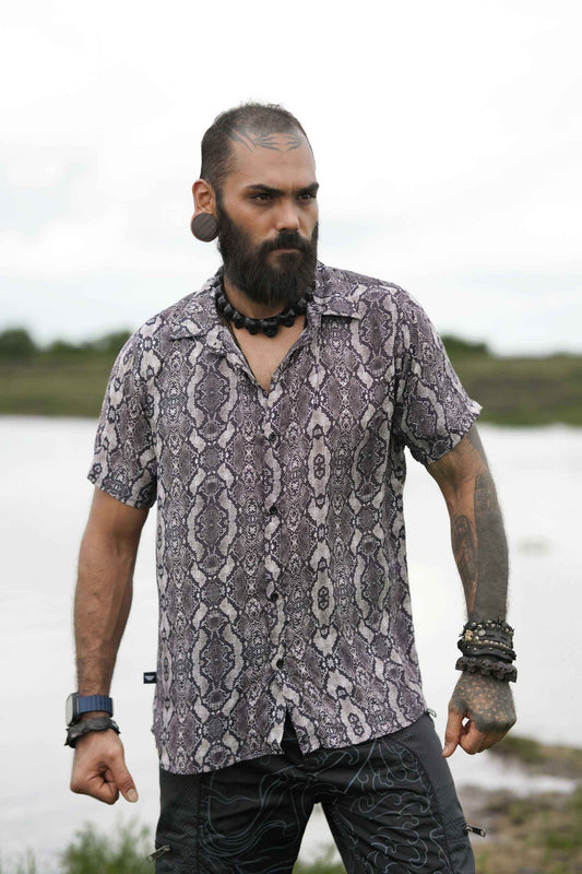 Front view of lightweight bamboo shirt for men in python swirl design