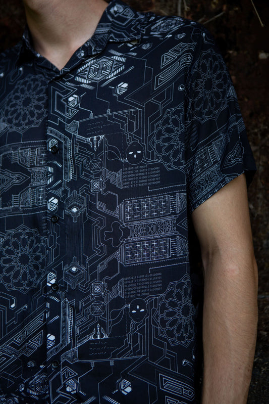bamboo fabric shirt for men with cyberpunk geometric artwork