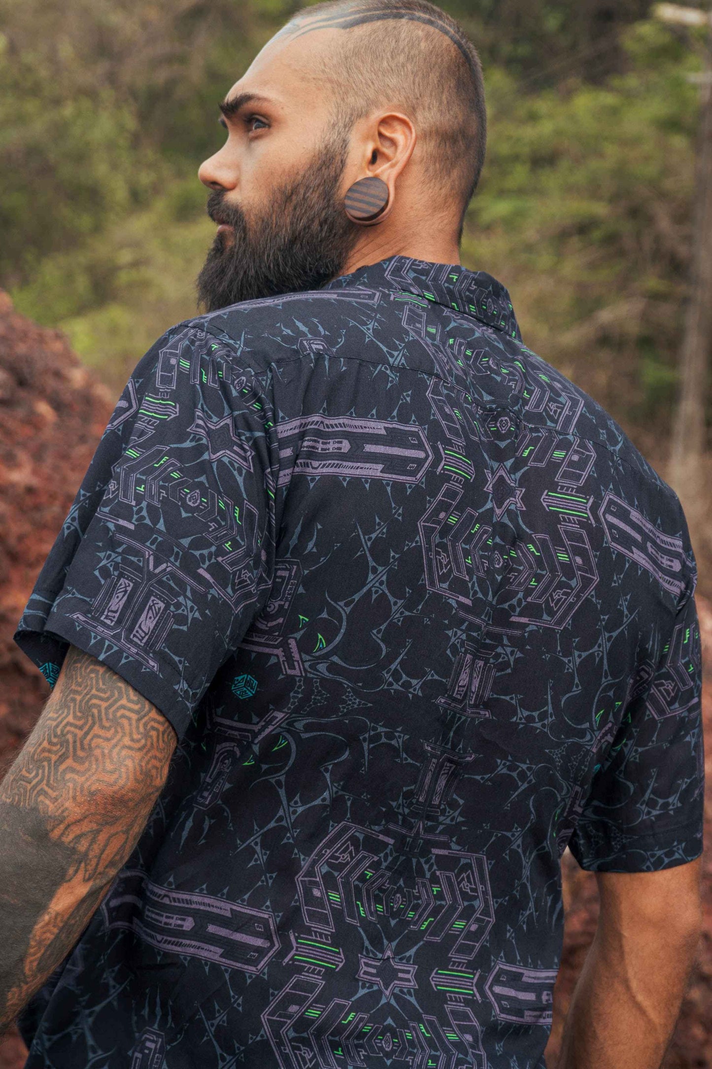 lightweight bamboo shirt for men with cyber punk geometric print back view