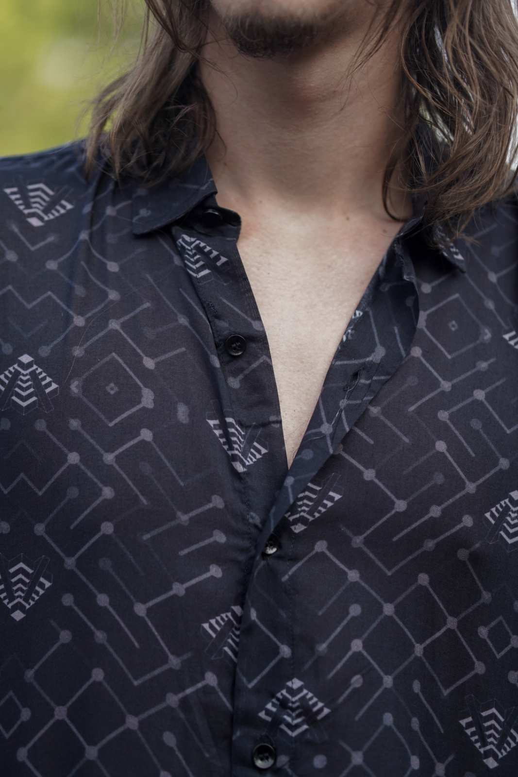 Close-up detail of Xibalba psychedelic bamboo shirt