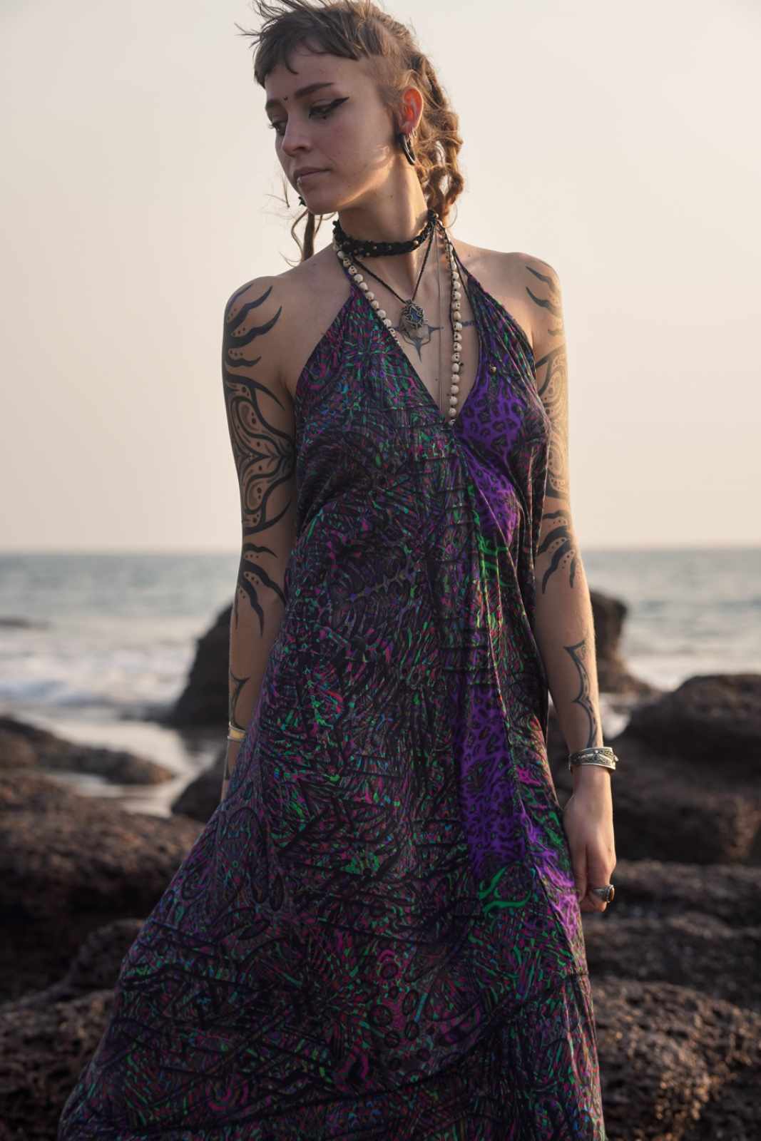 FLUXFUNK – Bambus Festival Kleid für Damen | Psychedelisches Boho High-Low Kleid