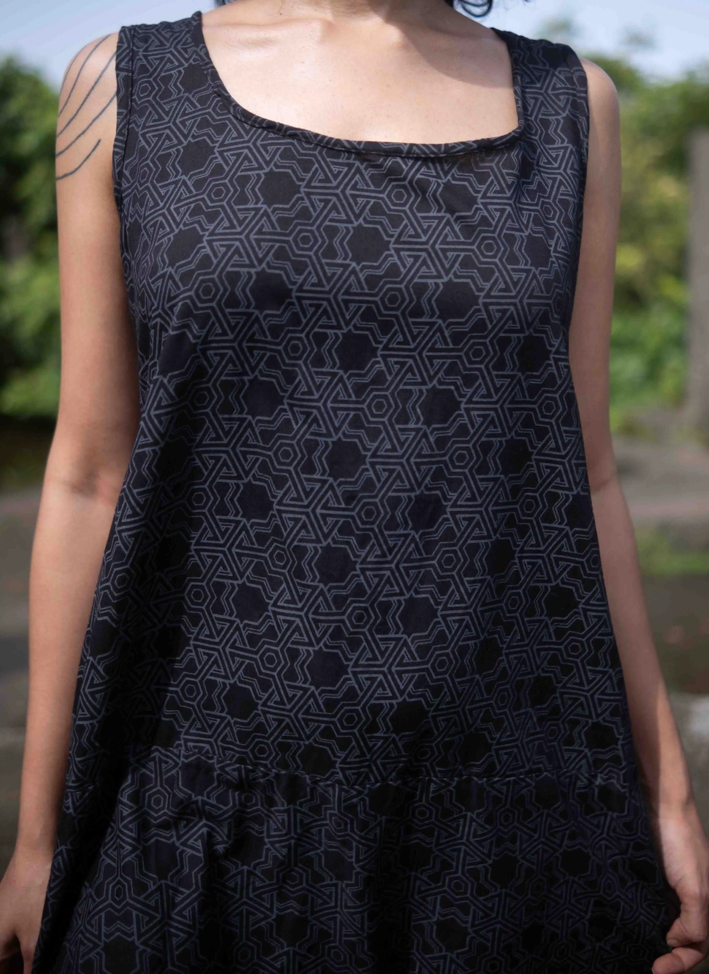 Pythagoras Boho-Festival-Kleid – Ärmelloses psychedelisches geometrisches Kleid für Damen
