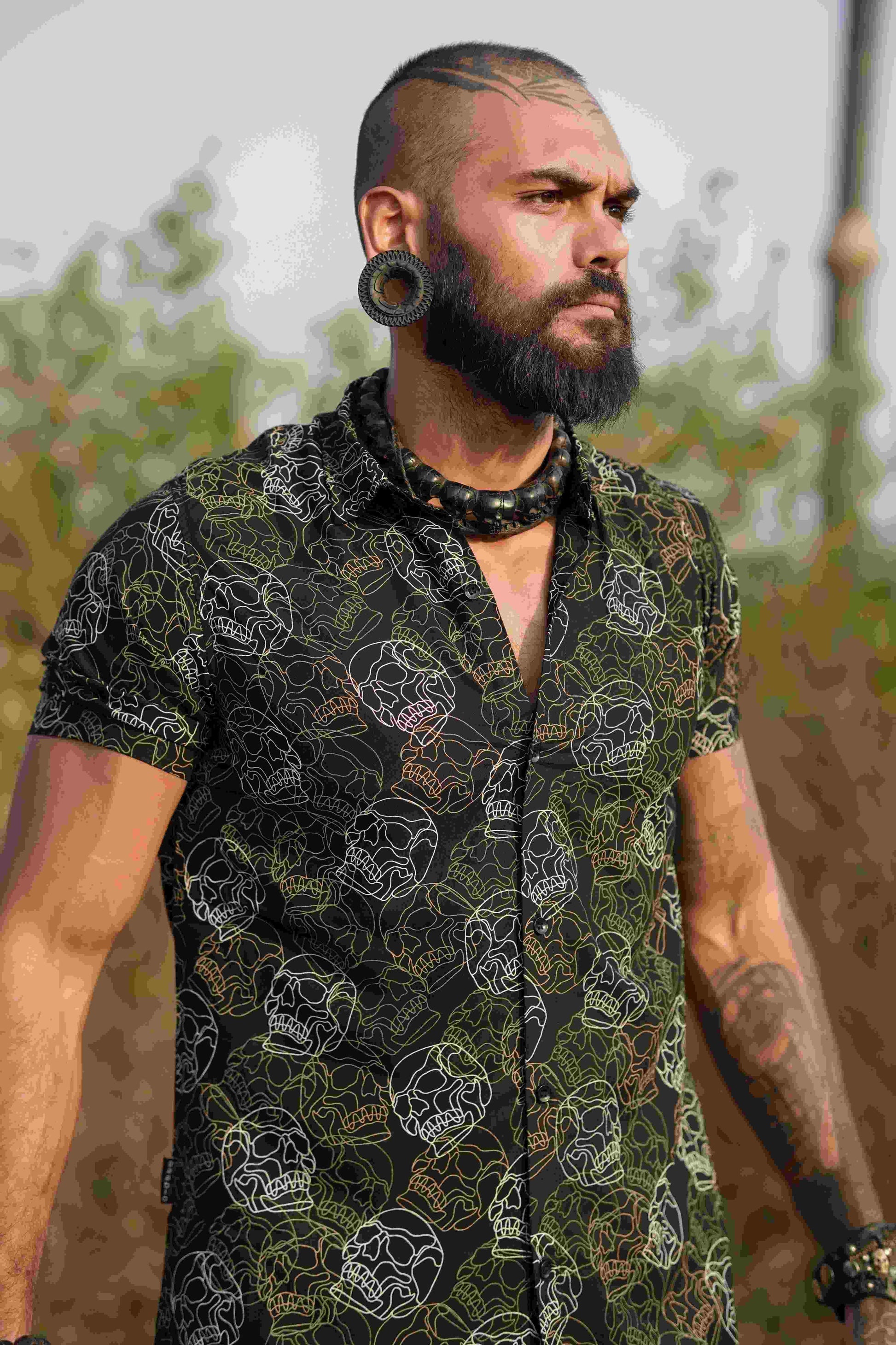 Men’s black viscose skull shirt – festival look