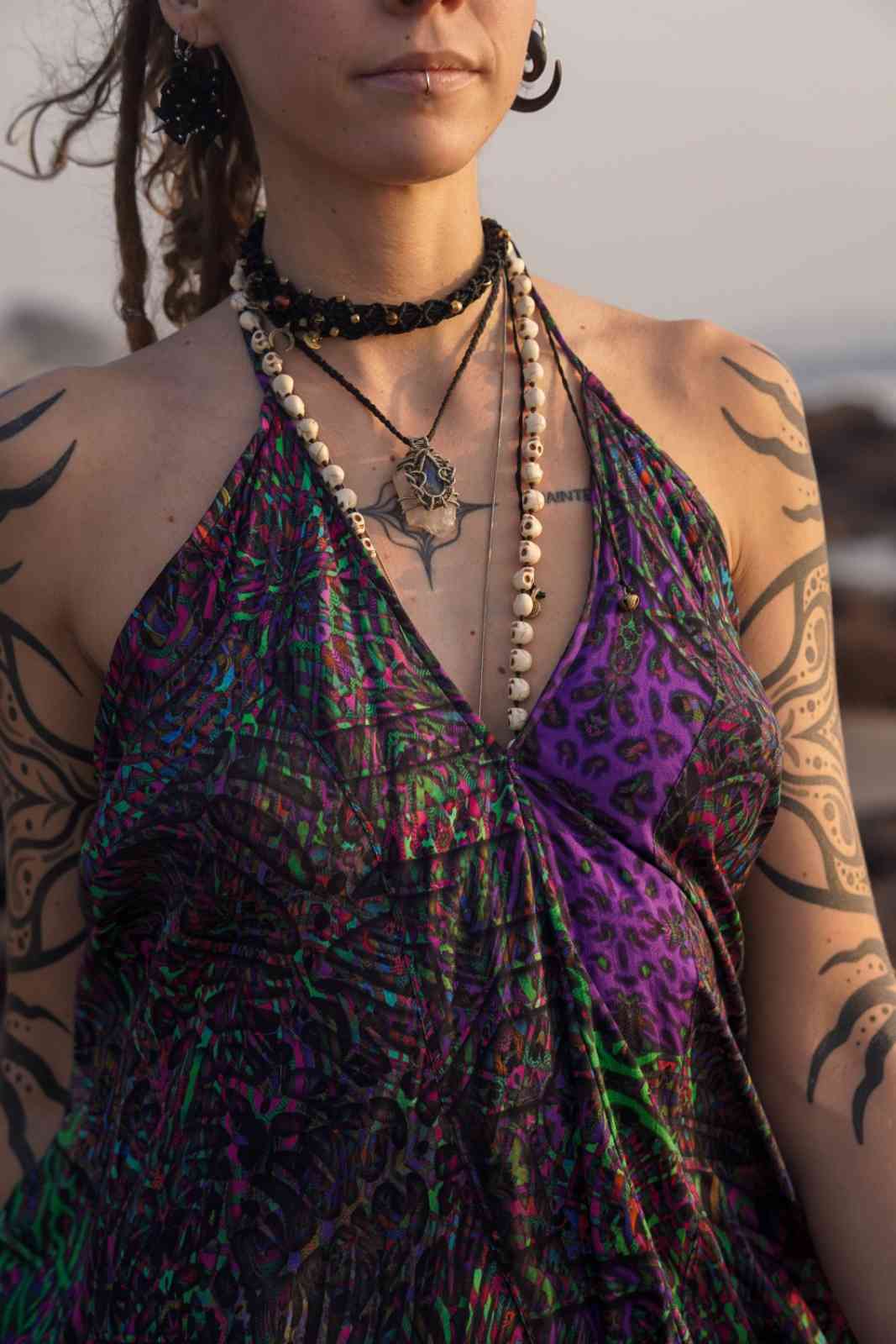 FLUXFUNK – Bambus Festival Kleid für Damen | Psychedelisches Boho High-Low Kleid